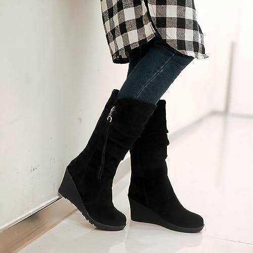 rismart Women Mid Calf Slouch Boot Wedge Heel Thin Fur Lined Suede Leather Winter Shoes4