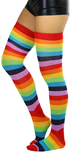 Image of ToBeInStyle Women's Bright Vibrant Rainbow Striped Thigh High Rave Stockings
