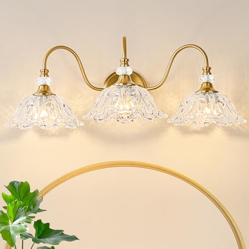 Image of Gold Bathroom Vanity Light, 3-Light Brushed Gold Finish Vanity Light with Floral Clear Glass Shades, Retro Wall Mount Lighting for Bathroom, Dressing Table