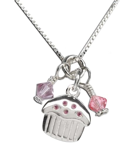 Precious Pieces Children's Sterling Silver Birthday Cupcake Necklace with High-End Crystal Charms, 14