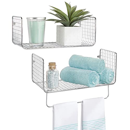 Mdesign Metal Wire Farmhouse Wall Decor Storage Organizer Shelving Set - 1 Shelf With Towel Bar For Bathroom, Laundry Room, Kitchen, Garage - Wall Mount, 2 Pieces - Chrome #TOP8