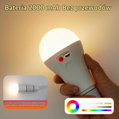 AUAUY Żarówka LED z Możliwością Ponownego Ładowania z Pilotem Zdalnego Sterowania, E27 RGB Inteligentna Żarówka, 12 Regulowanych Kolorów, do Oświetlenia w Domu i na Zewnątrz [Klasa Energetyczna G]