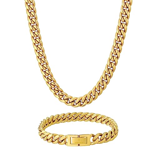 KRKC&CO Mens Hip Hop Jewelry Set, 8mm/10mm/12mm 18k Cuban Link Curb Chains and Bracelets, Solid No Tarnish Necklace, Durable Street-wear Hip Hop Chains for Men