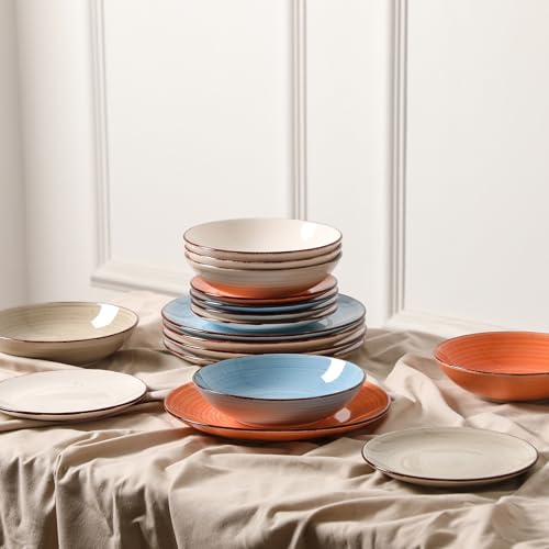Image of Dinnerware Sets for 6, 18 Piece Stoneware Plates and Bowls Set, Blue | Dishware Sets Kitchen, Chip & Scratch Resistant Ceramic, Microwave & Dishwasher Safe