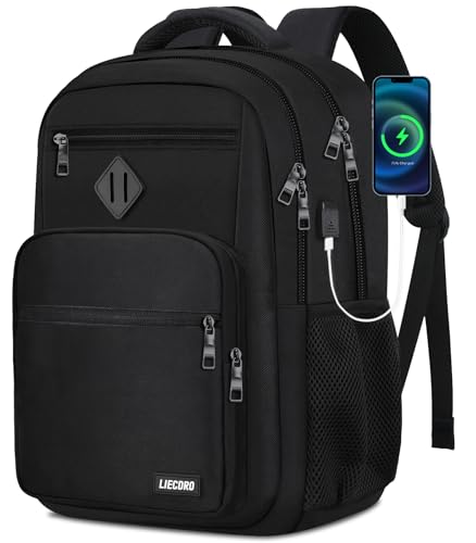 LIECDRO Black Backpack for Men, School Backpack for Boys Teens,15.6 inch Laptop Back Pack with USB Charging Port, Backpacks for School Business Work College Travel, College Book Bag, Bookbag