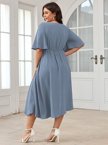 Image of SCOMCHIC Women Plus Size Midi Dresses Wedding Guest Short Sleeve V Neck Tie Waist Casual Summer Flowy A Line Dress