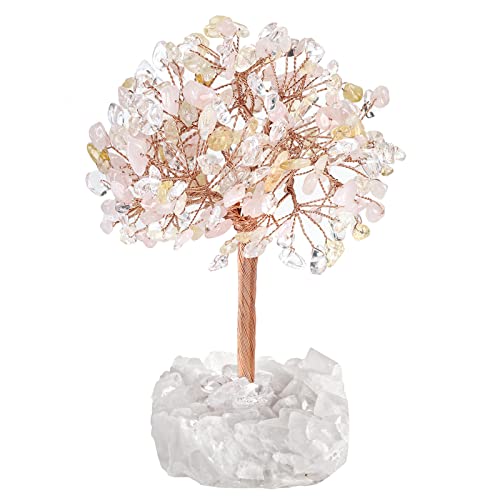 Nupuyai Citrine & Rose Quartz & Rock Crystal Money Tree with Rock Crystal Cluster Base