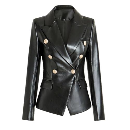 Vestes en cuir PU femme style américain blazer noir ajusté boutons dorés L