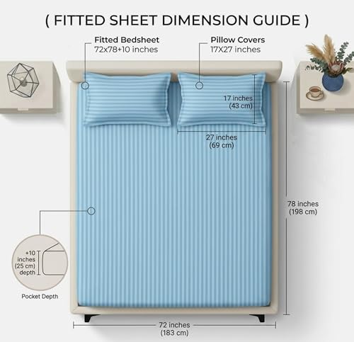 Image of VAS COLLECTIONS Premium 210 TC Cotton Satin Striped Elastic Fitted Bedsheets with 2 Pillow Covers | Double Bed with All Around Elastic Supersoft | Size - 78x72+10 inches, Aqua