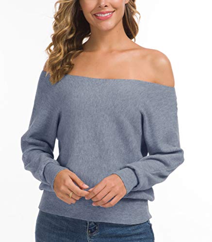 Feiersi Women's Off Shoulder Loose Pullover Sweater Long Sleeve Knit Jumper Tunics Top (Silver Grey,2X-Large) #TOP4