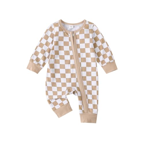 Image of Karuedoo Newborn Baby Boy Girl Clothes Checkered Long Sleeve Zipper Romper Jumpsuit One Piece Bodysuit Fall Winter Outfit
