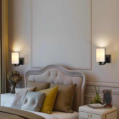 Aplique de pared cilíndrico de hierro negro con pantalla de vidrio esmerilado para dormitorio 4