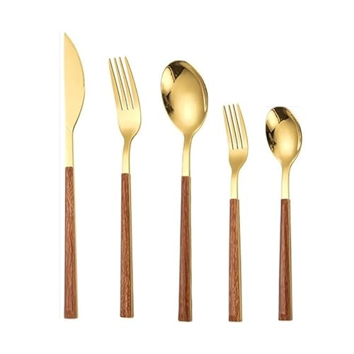 OLSKFUH Cutlery Flatware Cutlery Set, 5/20/30/40Pcs Imitation Wood Handle Stainless Steel Steak Knife And Fork Portuguese Cutlery Set Dessert Spoon Fork Retro,Brown-5 Pieces for 1
