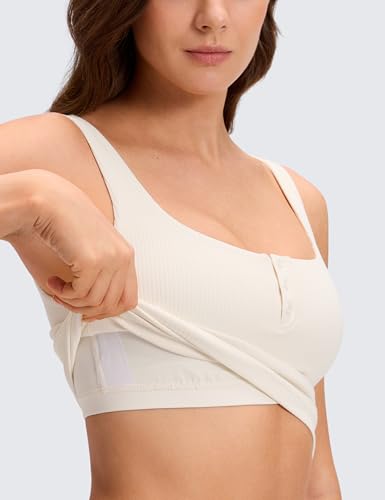 Image of CRZ YOGA Ribbed Henley Crop Tank Tops | Medium Support, Removable Pads, Casual, Square Back, Wide Straps, Longline Sports Bras for Women