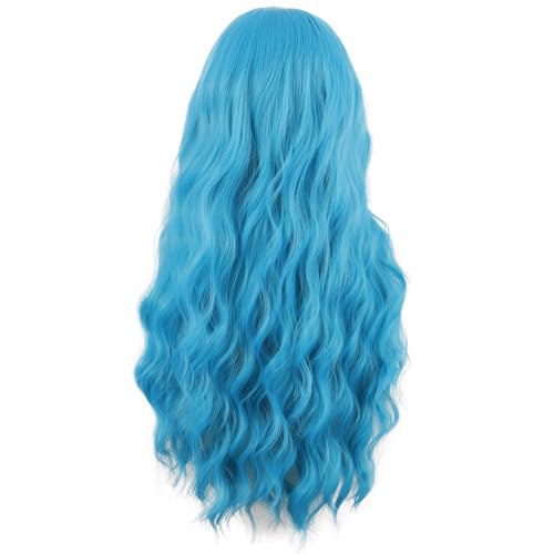 Image of MapofBeauty 28 Inch /70 cm Long Wavy Middle Part with No Bangs Synthetic Fiber Curly Fashion Women Party Cosplay Wig (Cyan Blue)