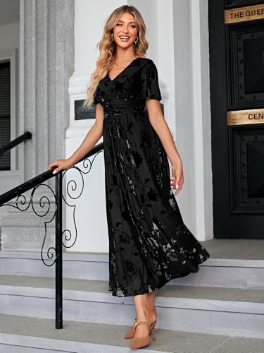 Image of Simplee Women's V Neck Velvet Maxi Dress Short Sleeve Empire Waist Long Formal Dress for Wedding Guest