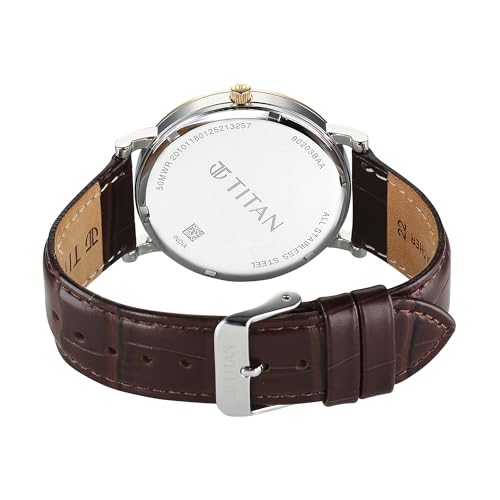 Image of Titan Elegance Analog with Small Second and White Dial Brown Leather Strap Watch for Men - 90203BL01