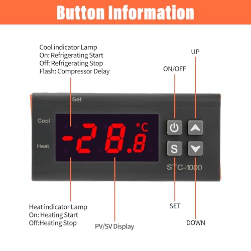 Aideepen STC-1000 Temperaturregler, DC 12V 10A Digital Thermostat Regler 2 Relais Ausgang mit NTC 10K Sonde für Heizung und Kühlung - Temperaturschalter