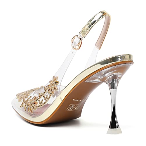 Image of AUMOTED Women's Clear Mule Sandals Pointed Toe Slingback Heels Rhinestone Heels Pumps Wedding Shoes