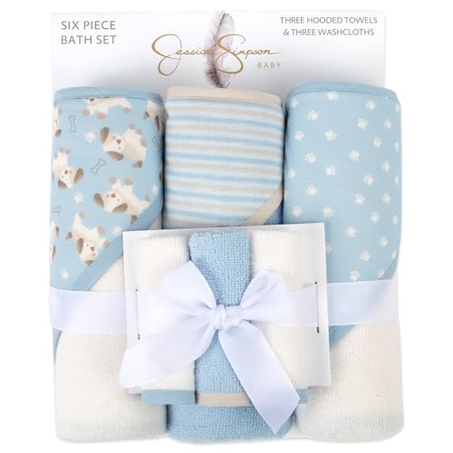 Image of Jessica Simpson 6 Piece Printed Hooded Bath Towel and Washcloth Set for Infant, Newborns and Toddlers 3 - 24 Months for Bath Time, Showers, Lounge, Beach and Pool (6 Piece Puppies Print)