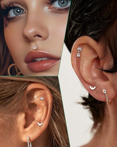 Cocharm 3Pcs Bat Spider Cartilage Earring 16g Flat Back Cartilage Piercing Jewelry Halloween Helix Jewelry 8mm Silver Web Conch Stud Funny Labret Stud for Women Men2