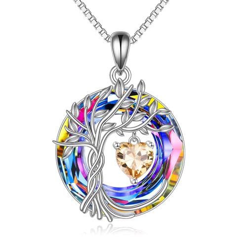POPLYKE Tree of Life Necklace 925 Sterling Silver Birthstone Pendant Necklaces with Crystal Anniversary Birthday Wedding Jewelry for Mom Her Wife Sister