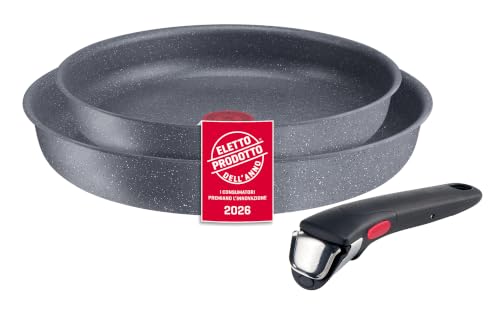 Lagostina Ingenio Mineralis Set Padelle Antiaderenti con Corpo in Alluminio 100% Riciclato, Adatto all’Induzione, 3 Pezzi, Batteria di Pentole con 2 Padelle Ø 24 e 28 cm e Manico Removibile