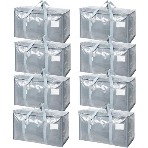 Image of TICONN 8 Pack Extra Large Moving Bags Heavy Duty with Zippers & Carrying Handles, Durable Storage Bags Moving Boxes for Closet Organizers and Storage (8 Pack, Light Grey)
