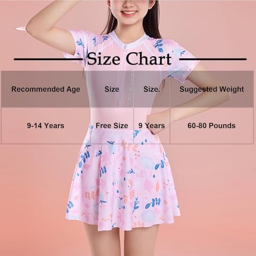 Girls One Piece Swimsuits Zipper Front Short Sleeve Swim Dress Hawaiian Printed Skirted Bathing Suits for 9-14 Years3