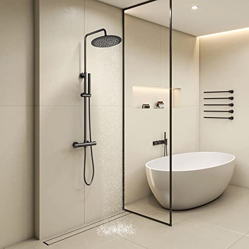 KOMIRO Colonne de Douche Noir, Ensemble de Douche avec Mitigeur Thermostatique et 10 pouces Douche à Pluie, Réglable en Hauteur,Systeme de Douche Pluie pour Salle de Bain