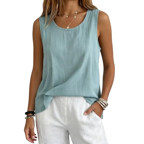 Womens Cotton Linen Tank Tops Loose Fit Casual Oversized 100% Linen Shirts for Women Sleeveless Summer Linen Shirts Lightweight Gauze Crewneck 2026 Medium GN1
