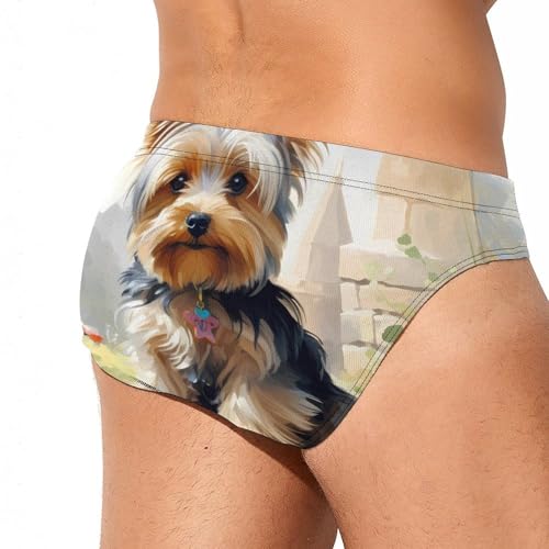 Yorkshire Terrier in Garden Men's Swim Briefs Sexy Bikini Swimsuit Beach Shorts Underwear Low Waist3