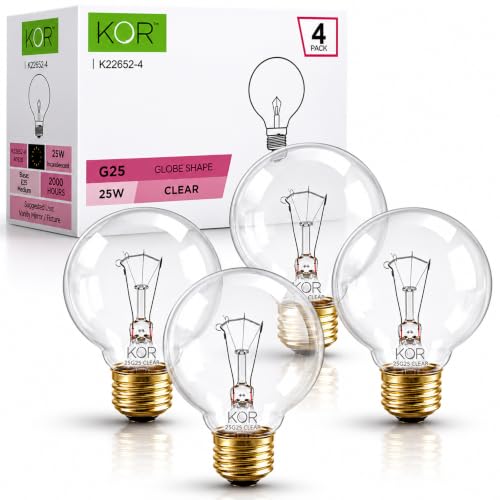 (4 Pack) G25 Globe Light Bulbs 25W Incandescent 2700K Soft White E26 Base Dimmable Crystal Clear Vanity Bulbs for Bathroom Mirror Pendant Fixtures
