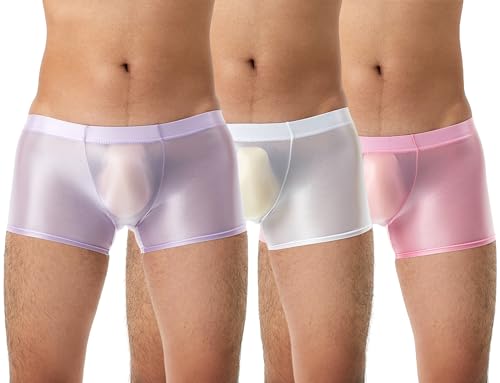 FEOYA Men's 2024 Boxer Briefs Shiny Silky Thin Panties Glossy Oil Trucks Low Rise See Through Underpants Traceless Underwear