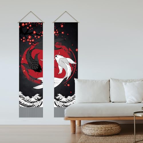 AHANDMAKER Pack of 2 Retro Yin Yang Carps Tapestries Carps Vertical Bohemian Tapestry Yin Yang Carps Tassel Tapestry Wall Hanging for Bedroom Living Room Home 13 x 51 Inch - Image 4