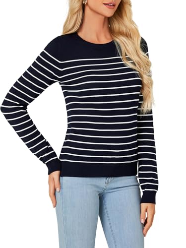 Image of Vrtige Women's Casual Striped Crewneck Long Sleeve Lightweight Ribbed Knit Pullover Sweater Top
