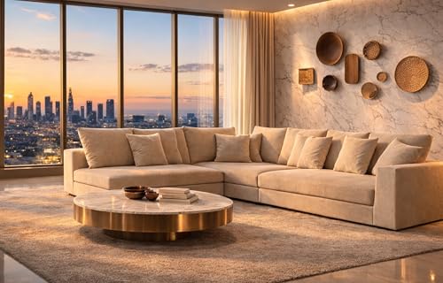 Image of Homax. Benitez Solid Sal Wood Easy-Clean, Kid & Pet Friendly Fabric Upholstered 5 to 6 Seater Sofa Interchangeable Modular, Sectional, Corner L Shape Sofa Set for Living Room, Beige Color