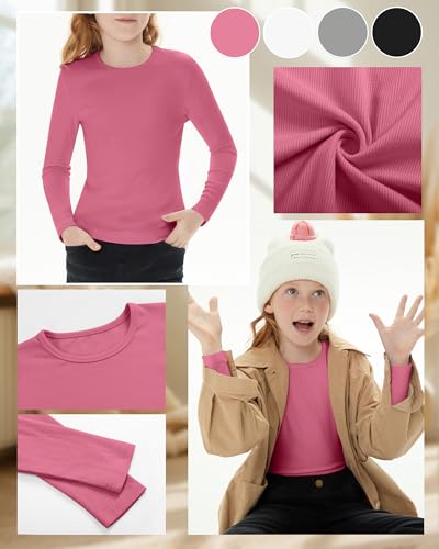 Image of 4 Pack Girls Long Sleeve Shirts Ribbed Knit Cotton Crewneck Tops Slim Fit Soft Casual Kids Base Layer Undershirts