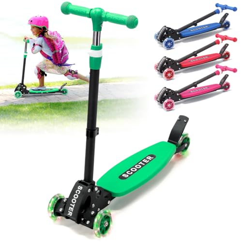 Patinete para niños de 3 a 7 a 8 a 12 años, con 3 ruedas iluminadas, inclinarse para dirigir, patinete de tres alturas ajustables para niños, plegable, seguro y estable para niñas y niños de hasta 170