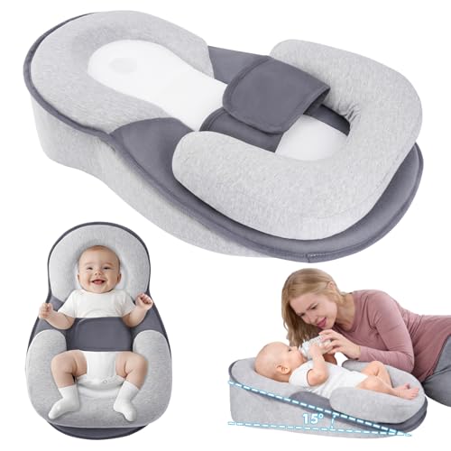 SKY-TOUCH Newborn Feeding Pillow Wedge - 15 Anti-Spit Up & Nursing Support Pillow Baby Breastfeeding Pillow for Reflux Soft & Breathable Grey Infant Nursing Cushion