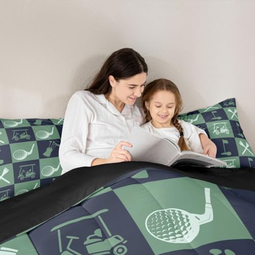 Image of Feelyou Golf Comforter Set Queen Size Navy Blue Green Plaid Buffalo Check Geometric Bedding Set for Kids Boys Girls Sports Theme Duvet Quilt Bedroom Decor Microfiber 3 Pcs with 2 Pillow Cases