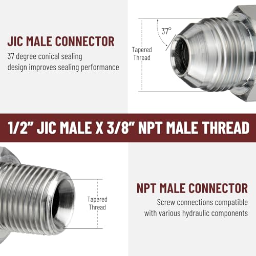 Image of 10 Pack Hydraulic Hose Adapter Fittings: 1 /2 inch JIC 37 Male x 3 /8 inch NPT Male, Straight Tube Connectors with Protection Cover