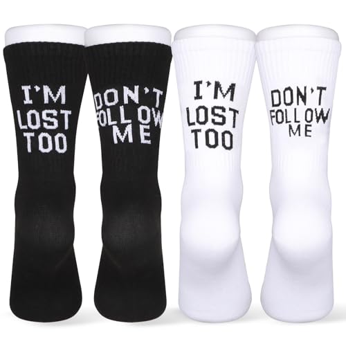 GEBETTER 2 Pares Calcetines Divertidos Hombre Mujer Deporte Running Blancos y Negros, Talla Única 36-45 Hasta la Pantorrilla, Algodón Casuales Altos Cómodos Transpirables con Frase Graciosa Regalo