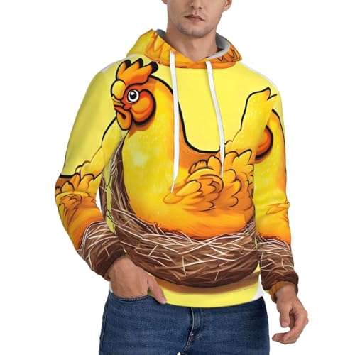 LGHHGY Sudadera con capucha para hombre de forro polar con estampado de pollo dorado con estampado de nido de pájaro, cálida sudadera con bolsillo, manga larga con hombros caídos, negro, L, Negro , L