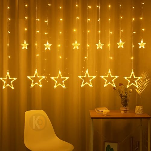 Image of K D 6+6 Star Warm Yellow 138 LEDs Curtain LED String Lights (3.5 ft Length + 0.5 FT Length After Adopter = 4ft) with 8 Modes Indoor Outdoor for Home, Diwali, Christmas (Star Warm Yellow 6+6)