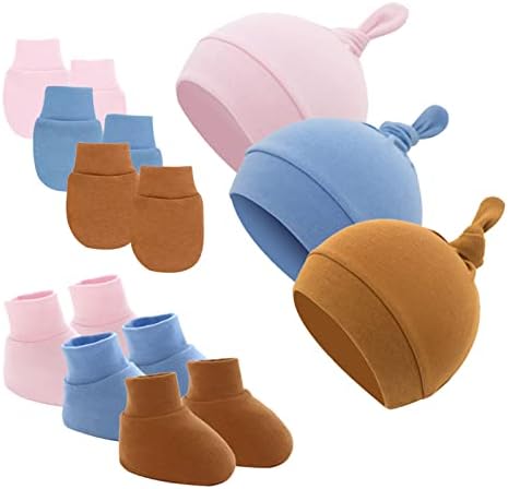Newborn Beanie Hat Mittens and Socks Set, Baby Girl Cotton Beanie Spring Summer Autumn Winter Hats for Newborn Infant Cotton (Pink+Blue+Brown)
