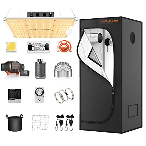 Spider Farmer Grow Tent Kit Complete 3x3ft SF-1000 Dimmable SAMSUNG Diodes & Meanwell Driver, Grow Tent Complete System 2.3x2.3ft Growing Tent Kit Set 27 x27 x62  with 4 Inch Inline Fan Carbon Filter