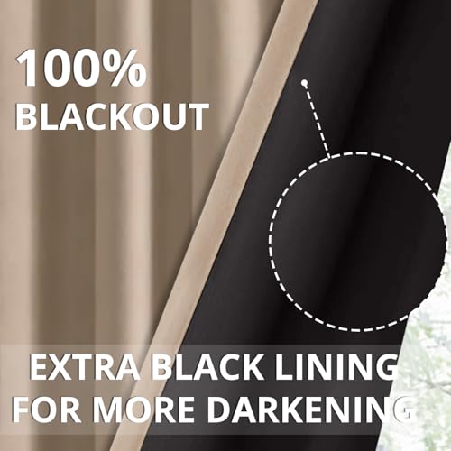 Image of Cloth Fusion 100% Blackout Window Curtains 5 Feet Long Set of 2 with Blackout Lining, Double Layer Room Darkening Parda with Stainless Steel Grommets for Home Decor (5x4 Feet, Beige White)