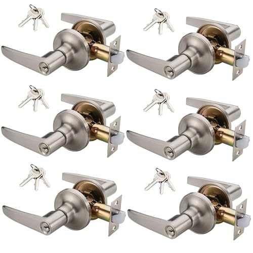 6 Pack of MANREN Lever Keyed Entry Door Lever Handle Lock, Universal Door Knob Hardware,Nickel Brushed Color (MR802et-6)
