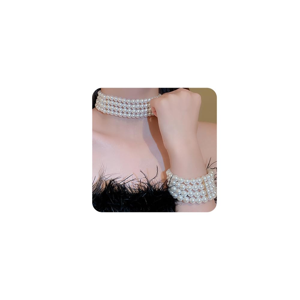 Chargances 2pcs 1920s Faux Pearl Jewelry Set Dainty 4-tier Pearl Necklace Multi-Layered Chunky Bracelet Bridal Wedding Accessories for Women